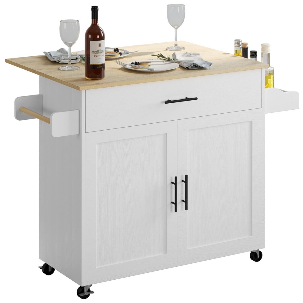 IRONCK Rolling Kitchen Island Table on Wheels with Drop Leaf, Storage Cabinet, D