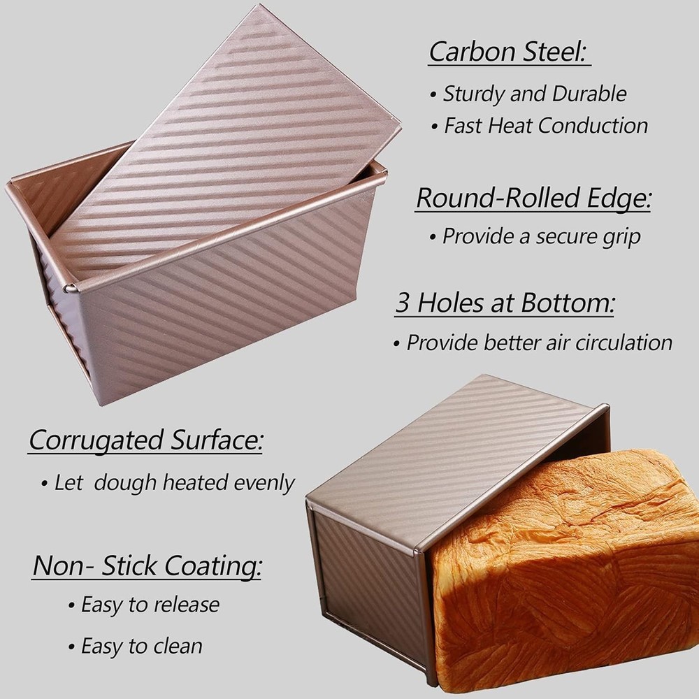 Pullman Loaf Pan with Lid, 1Pound Dough Capacity Rectangular Bread Pan, Non-S...