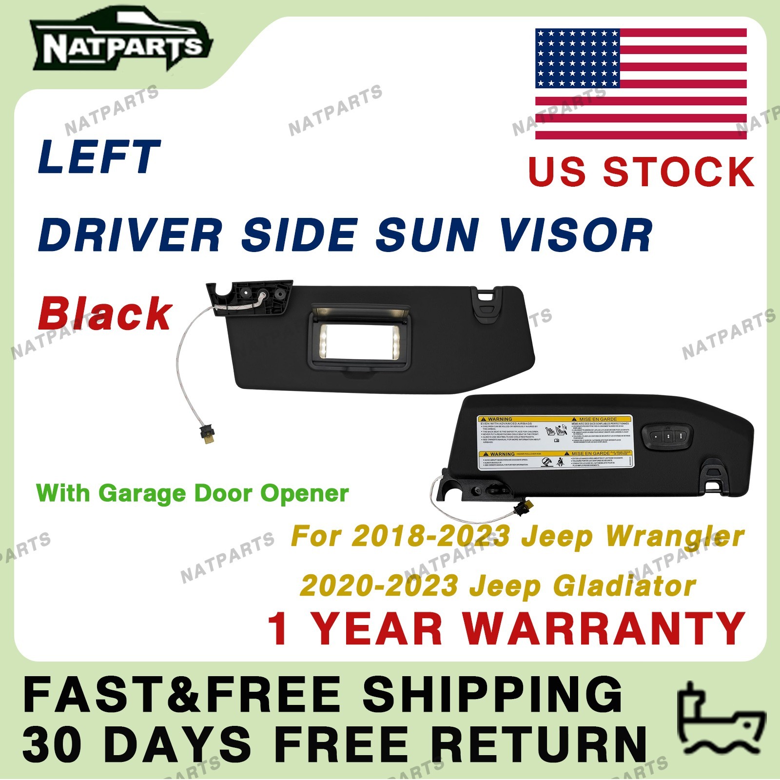 Left Sun Visor W/ Garage Door opener for18-23 jeep Wrangler Gladiator 6BR80TX7AQ
