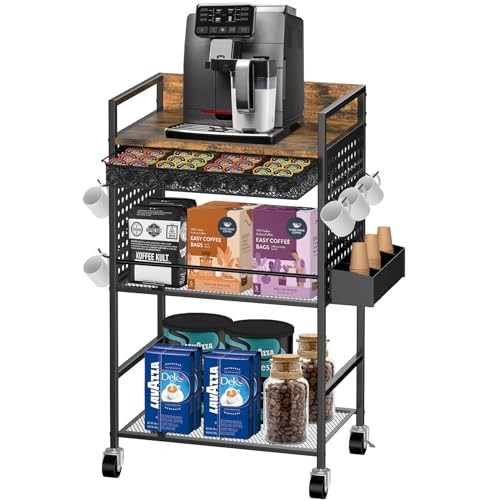 Compact Coffee Bar Cabinet with Power Outlet, Lockable Wheels, and Storage