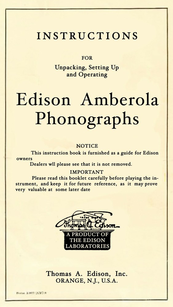 Operator Instruction Manual Fits Edison Amberola Phonograph