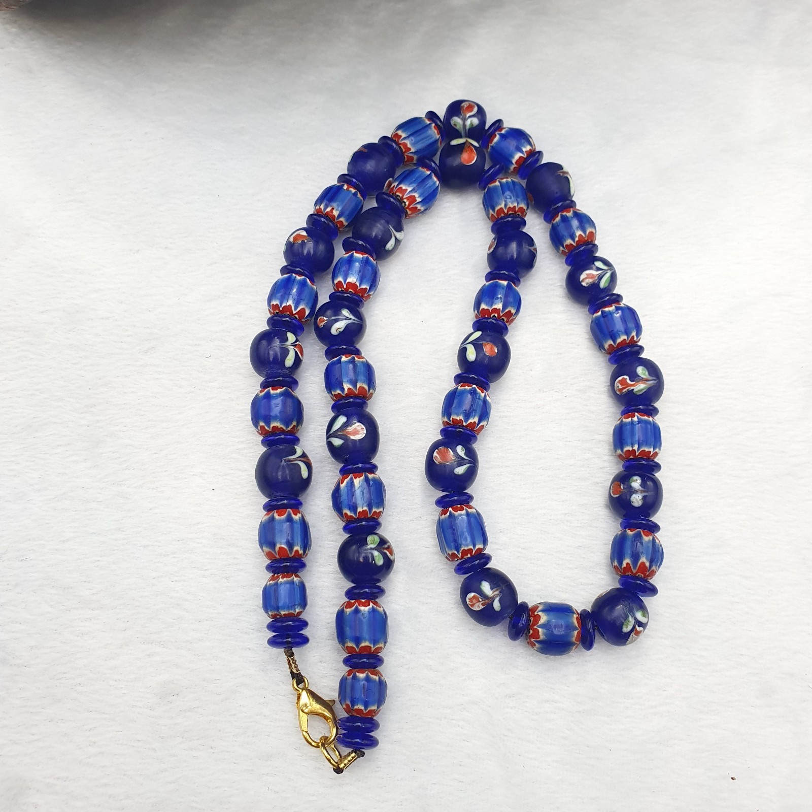 Vintage Venetian Cobalt Blue Floral & Striped Murano Style Beaded Necklace