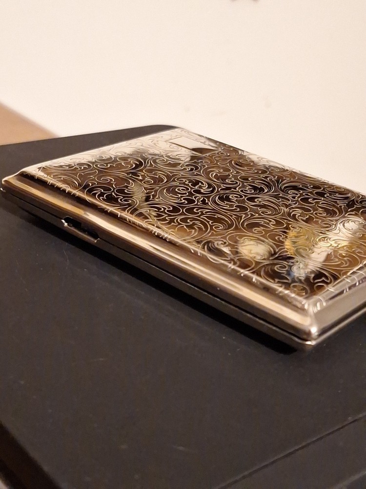 German Made Silver-Tone Etched Scroll Cigarette Case with Mirror