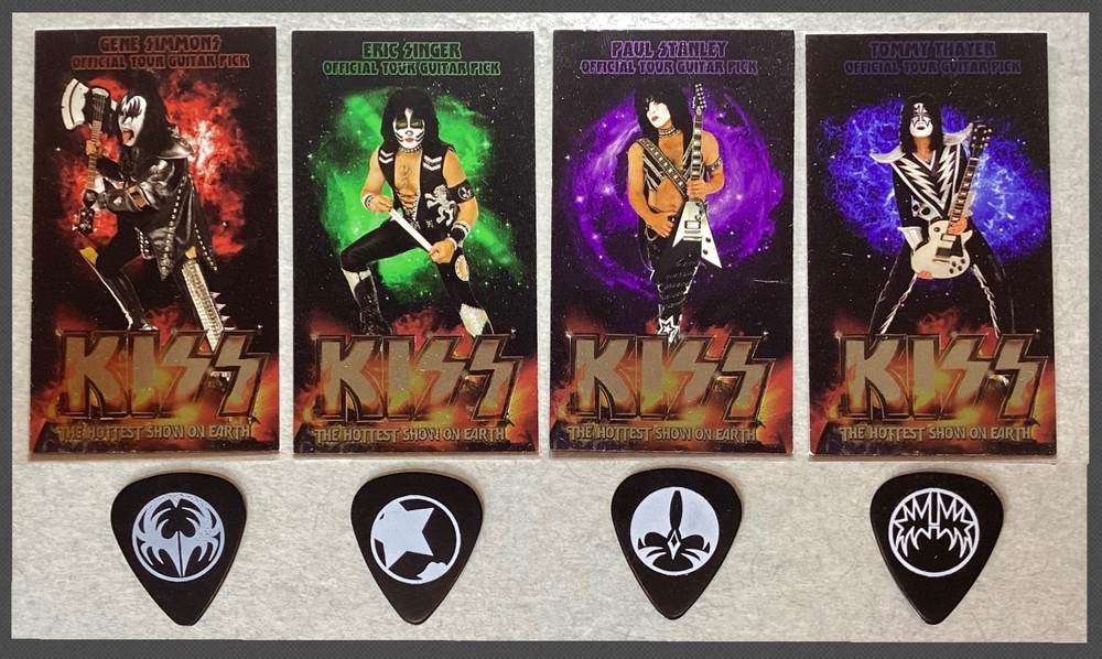💥Rarer set 4 official KISS cards & white on black icon guitar picks -free ship!