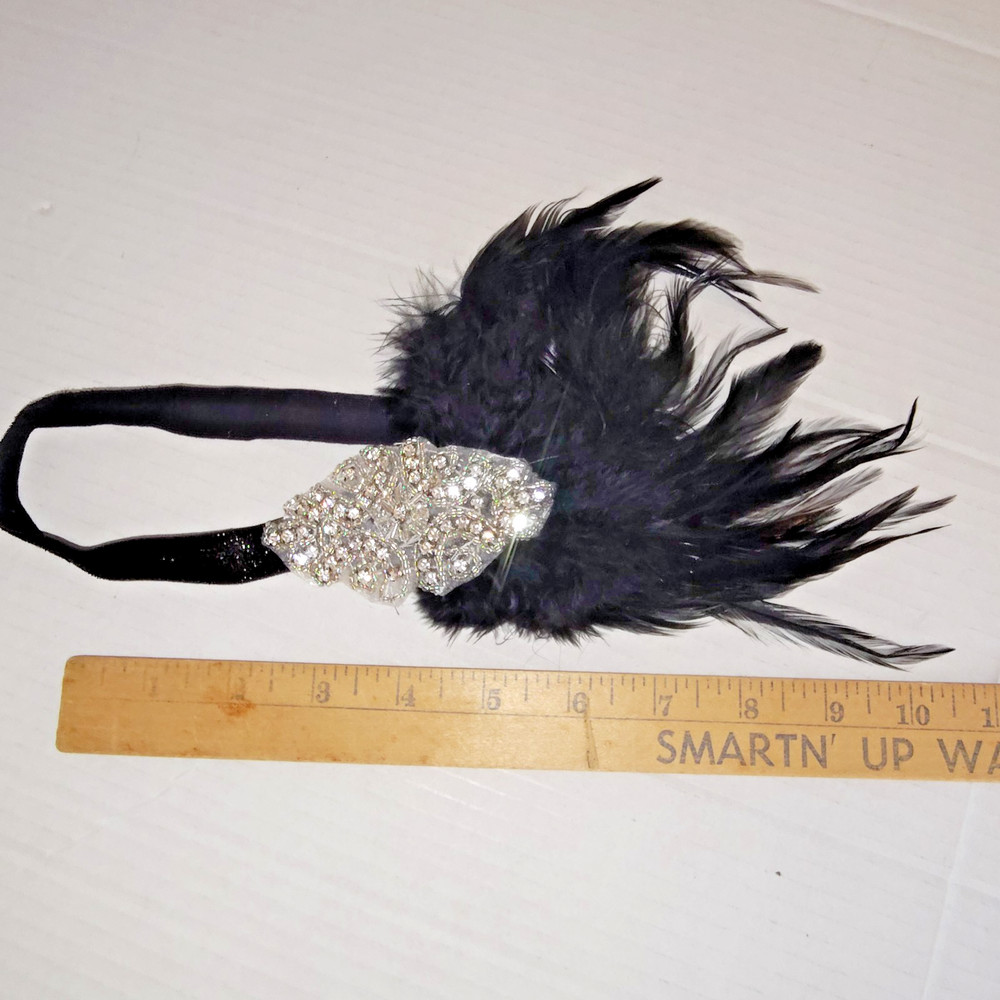 Black Feather Rhinestone Flapper Headband Handmade Wedding Cosplay Flapper