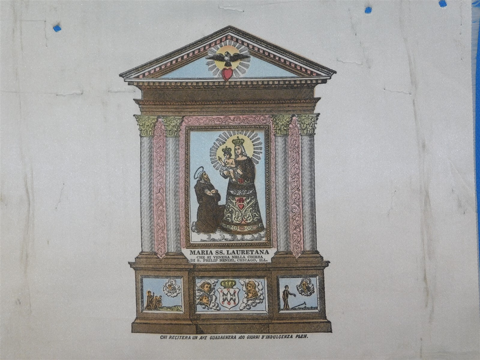 Antique Reliquary Silk MARIA SS. LAURETANA Church of St. Philip Benizi Chicago