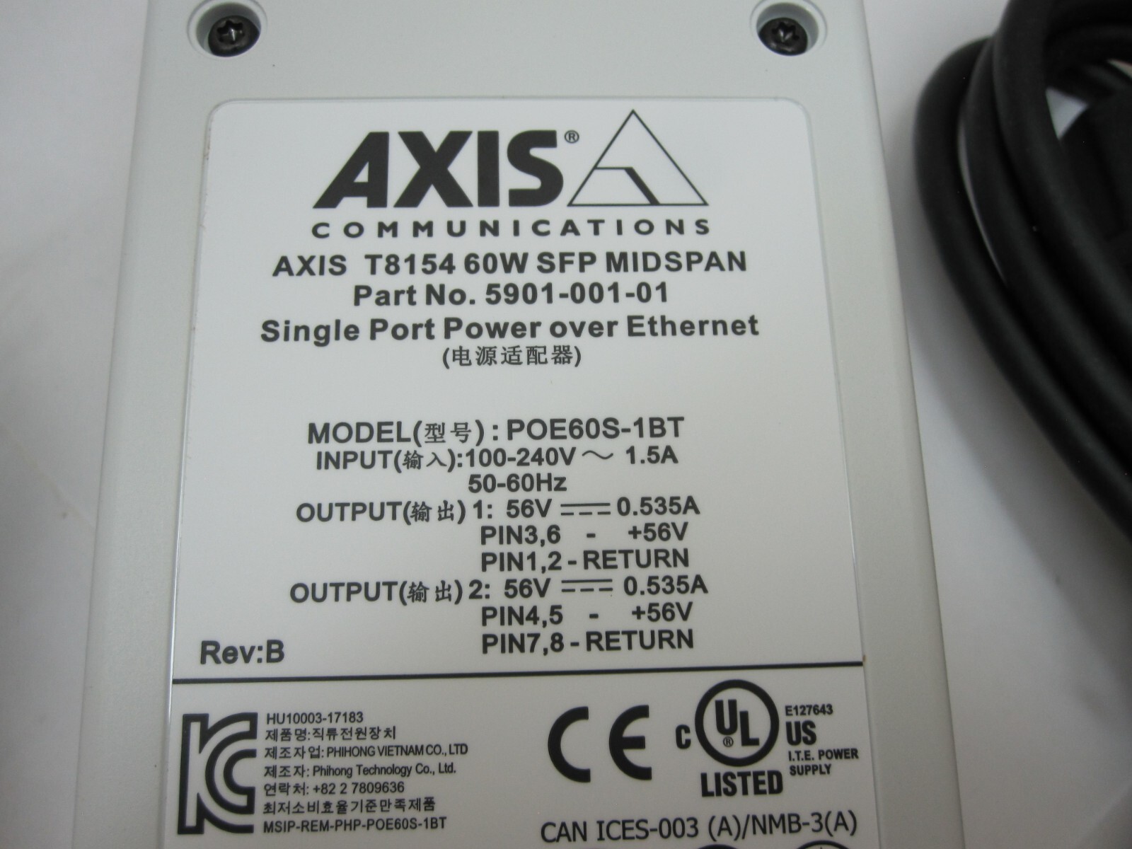 AXIS COMMUNICATION, 5901-001-01, T8154 60W SFP MIDSPAN, POE60S-1BT 56V, 39680