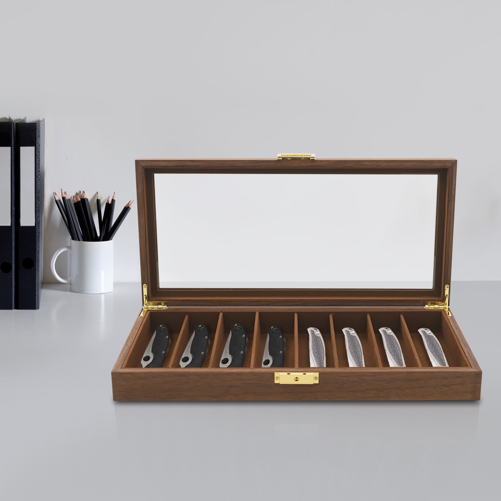 8 Compartment Knife Display Case 40*19*5 cm Glass Top Knife Storage Box