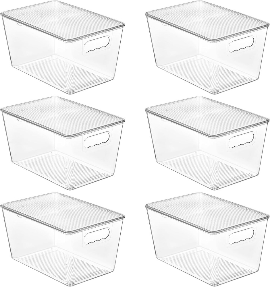 6 Pack Clear Stackable Storage Bins W/ Lids Large Plastic Containers W/ Handle