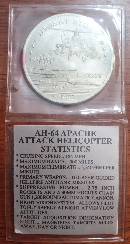 1991 Desert Storm Coin - AH64 Apache Attack Helicopter
