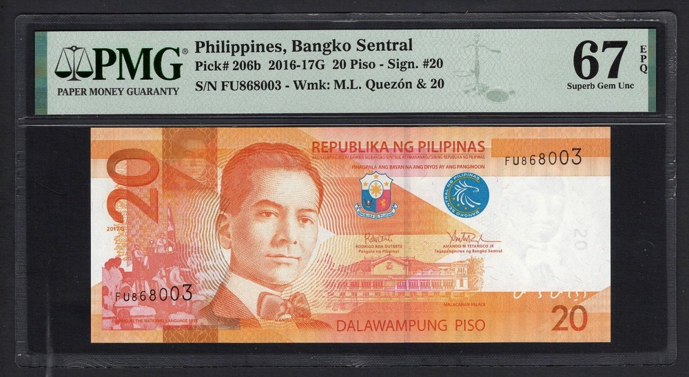 Philippines 20 Piso 2017 P206b Uncirculated Grade 67