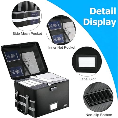 File Box with Lock - Fireproof Document Box File Organizer with Zipper & Black