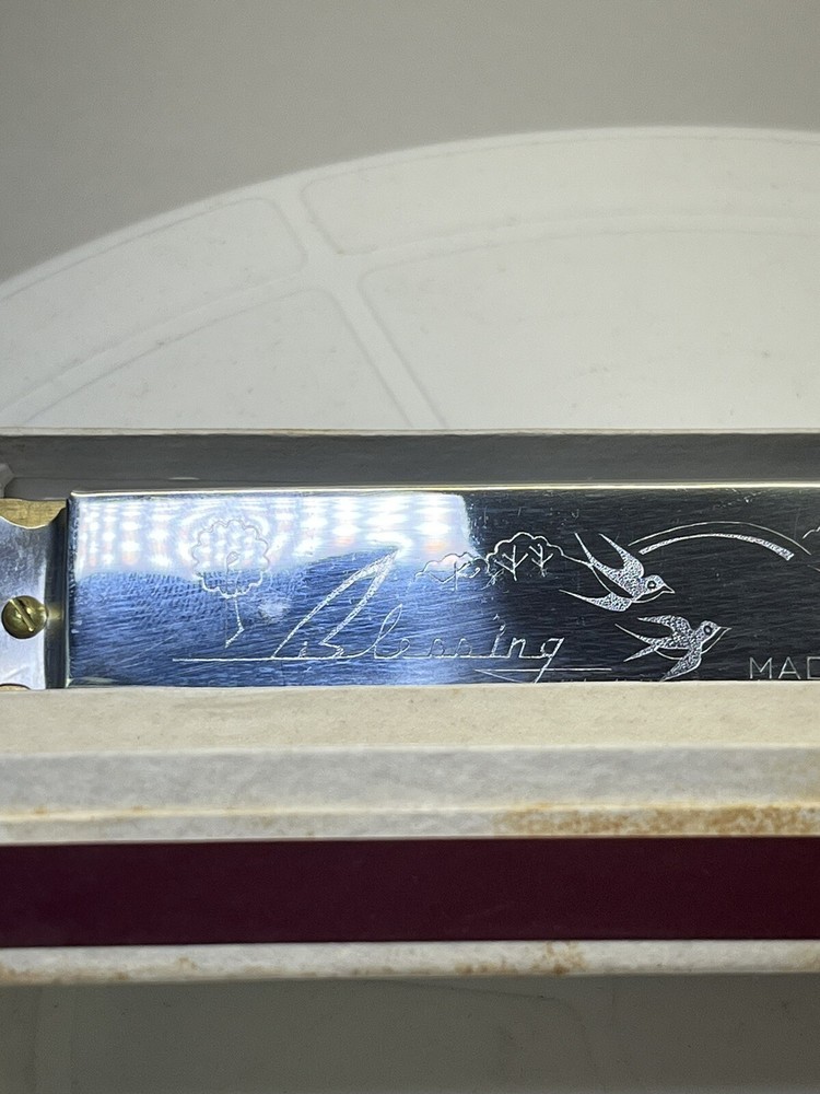 Blessing Harmonica With Etched Bird Patterns. Original In Box.