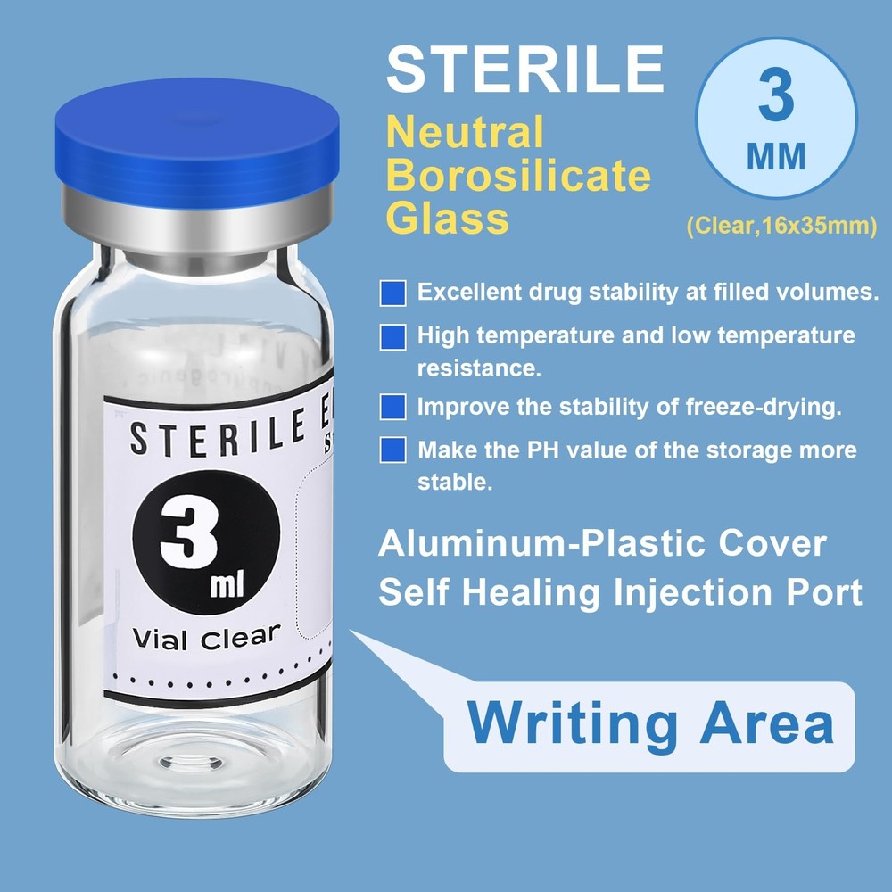 Threlaco 20 Pcs 3ml Sealed Sterile Empty Vials with Self Healing Blue