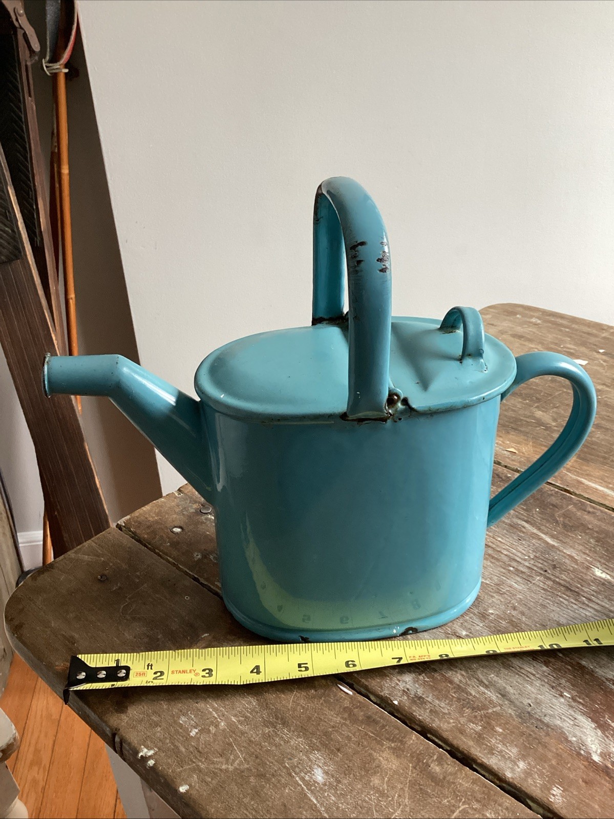 Antique Light Blue Enamel Ware Watering Can c1900 European Vintage