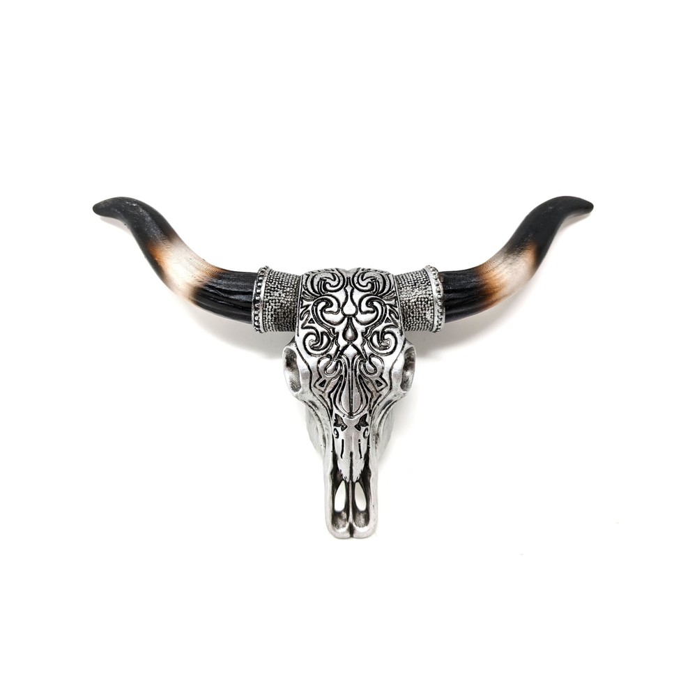 Mini Tooled Bull Skull Wall Sculpture | Silver Scrolls Design