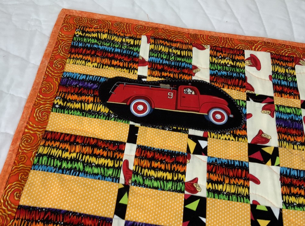 Patchwork Quilt Wall Hanging, Rectangles, Contemporary Prints, Fire Trucks