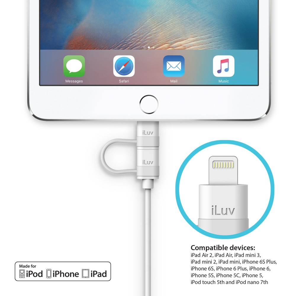 iLuv ICB267 2-in-1 SYNC/CHARGE Lightning Cable with Micro USB for Apple/Android.