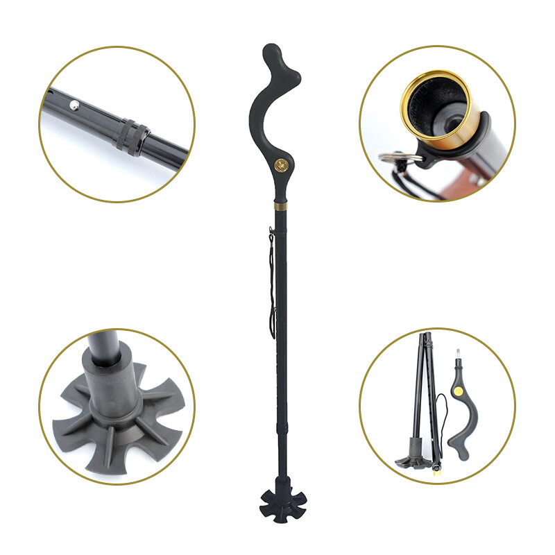 Folding Adjustable Walking Stick Cane 4 Head Pivoting Trusty Base Posture Cane