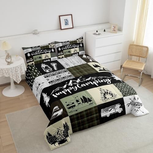 Camping Camper Size Comforter Set,RV Inside Decor Rustic Full Camping 06