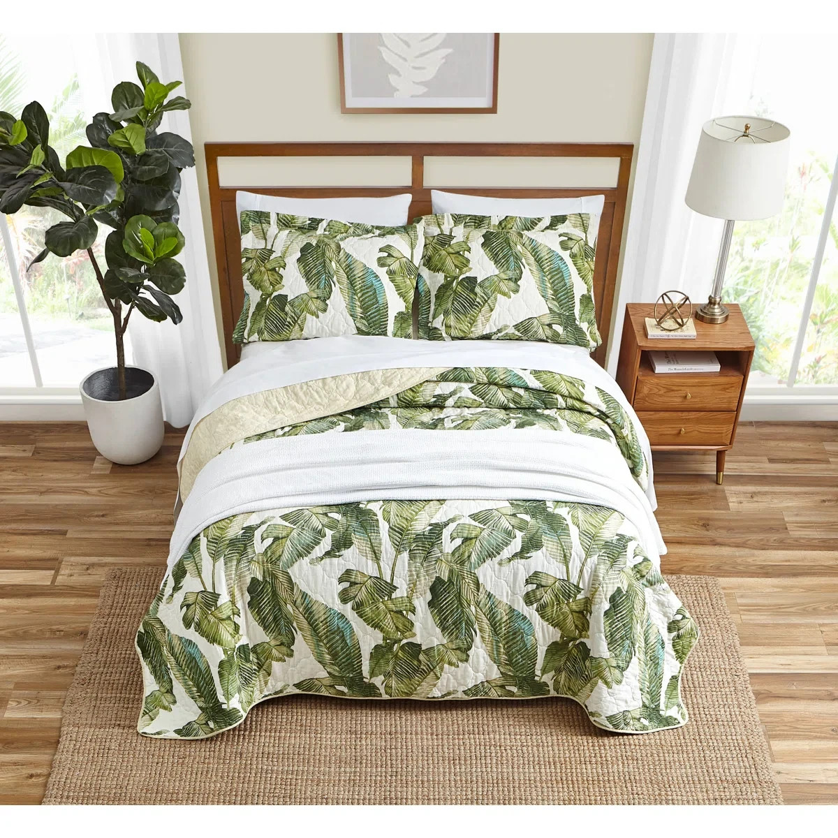 King Quilt Set Green Coastal Botanical Tropical Floral Bahama Exotic Leaves 3Pc