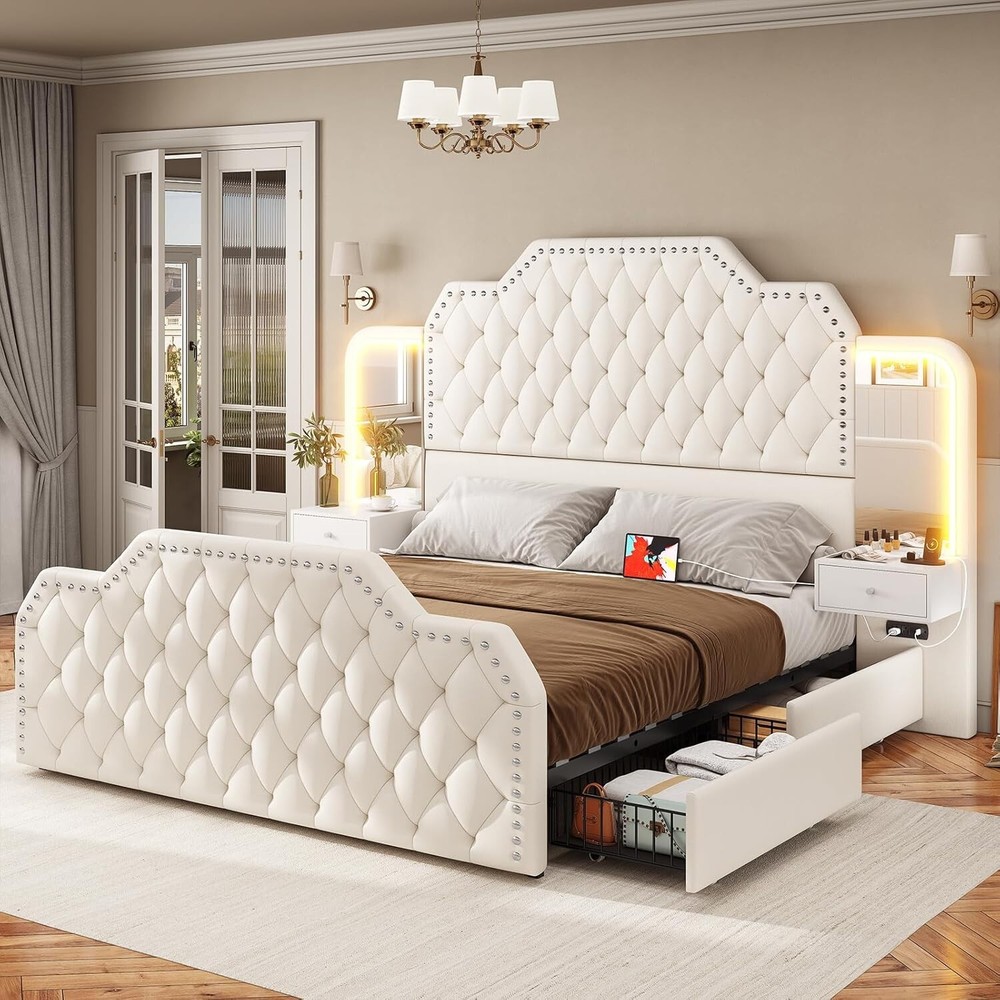 Queen Size Bed Frame with 4 Drawers &2 Nightstands with Mirror, Platform Bed