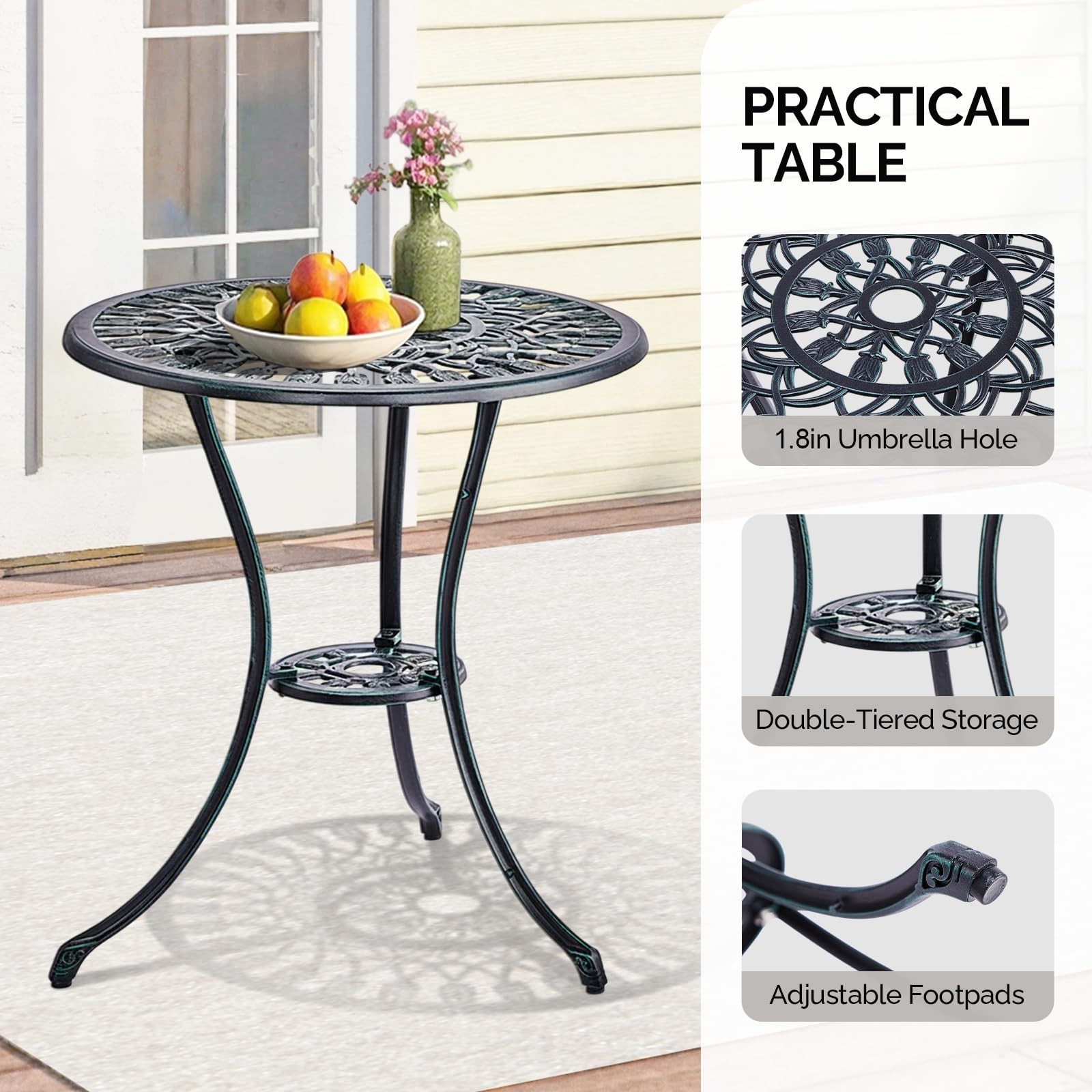 Patio Table and Chairs Set, Cast Aluminum Outdoor Cafe Table and Chairs Set of 3