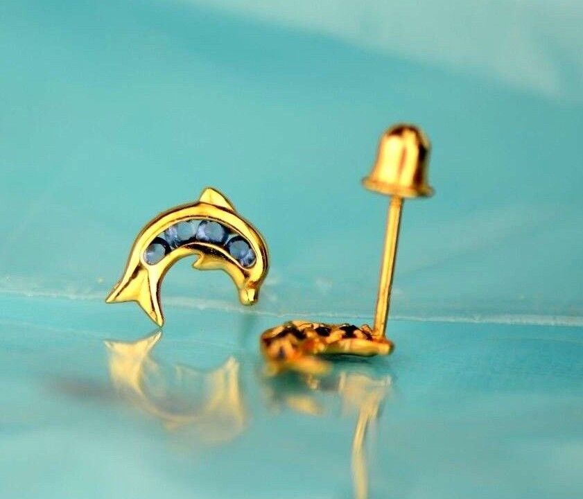 14k Yellow Gold CZ Dolphin Stud Earring