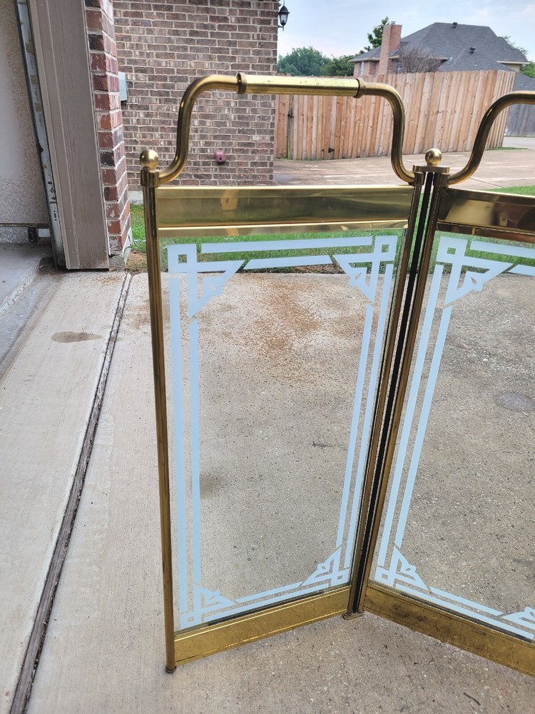 Vintage Folding Brass and 4 Glass Panel Fireplace Screen