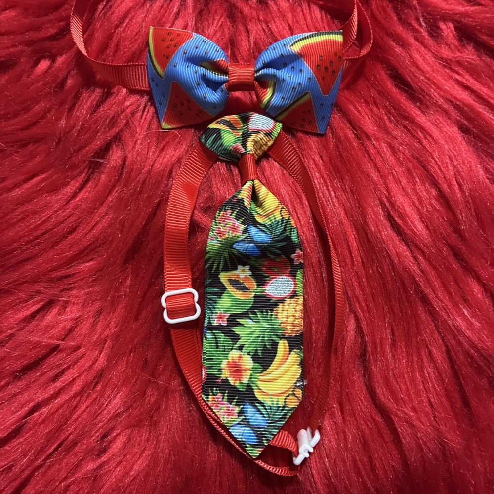 2 X Fruit Pattern, Cat Or Dog, Adjustable Bow & Tie Set. Homemade.