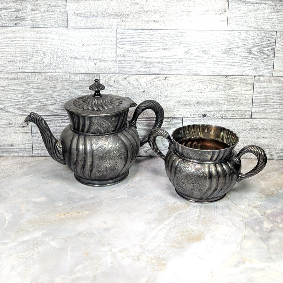 ANTIQUE E.G.WEBSTER & SONS QUADRUPLE SILVERPLATE TEA PITCHER & SUGAR POT