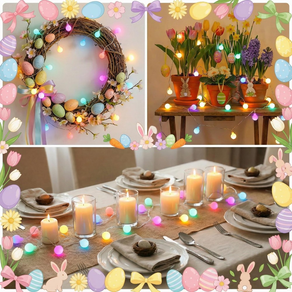 50 LED Globe String Lights 16.4FT Pastel Easter 8 Modes Timer Waterproof Garland
