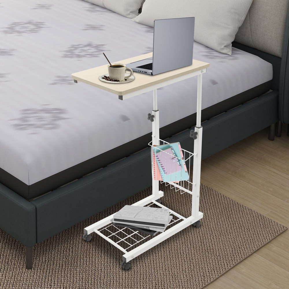 2 Tiers Adjustable Bed Side Table Thickened Mobile Standalone Table w/ Wheels
