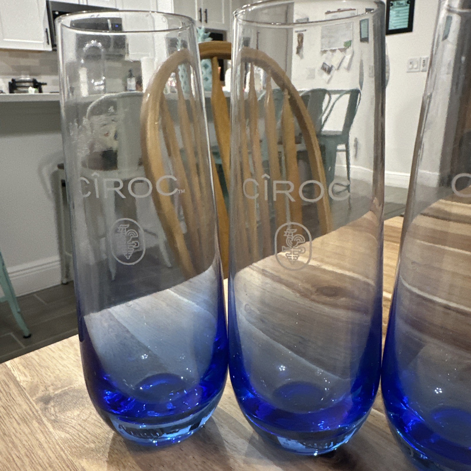 Ciroc Etched Blue Cocktail Stemless Flute Glasses Set of 4 Four Vodka Logo 6.25"