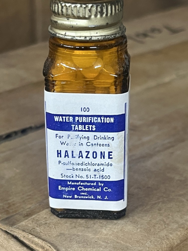 1 bottle of 100 Halazone Water purification tablets  Mfg by Empire chemical Co