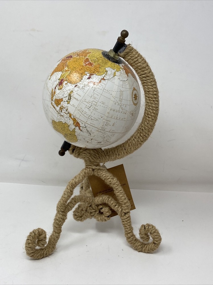 NEW Rotating World Globe Twine Wrapped Base