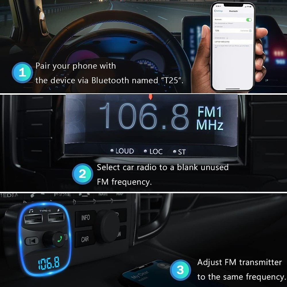 LENCENT Bluetooth FM Transmitter Wireless Radio Adapter Car Kit Dual USB