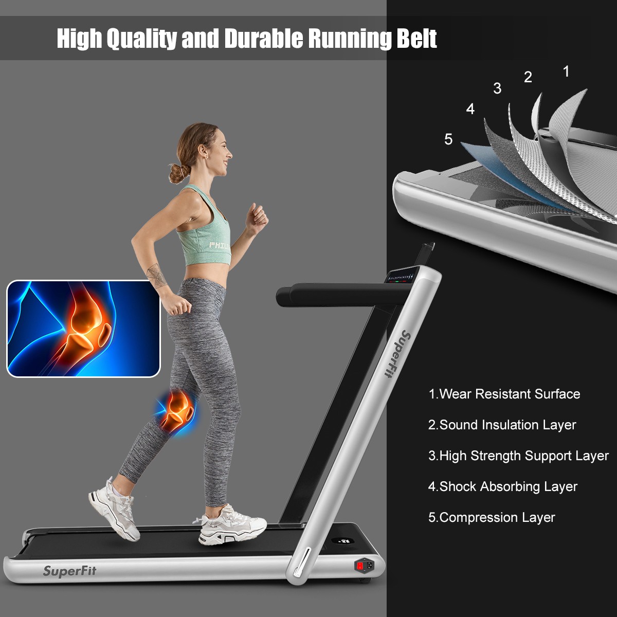 SuperFit 2.25HP Folding Jogging Machine Treadmill W/ Speaker APP Control Silver
