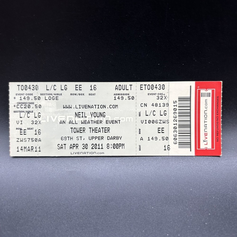 NEIL YOUNG CONCERT TICKET STUB, APR 30 2011, TOWER THEATER