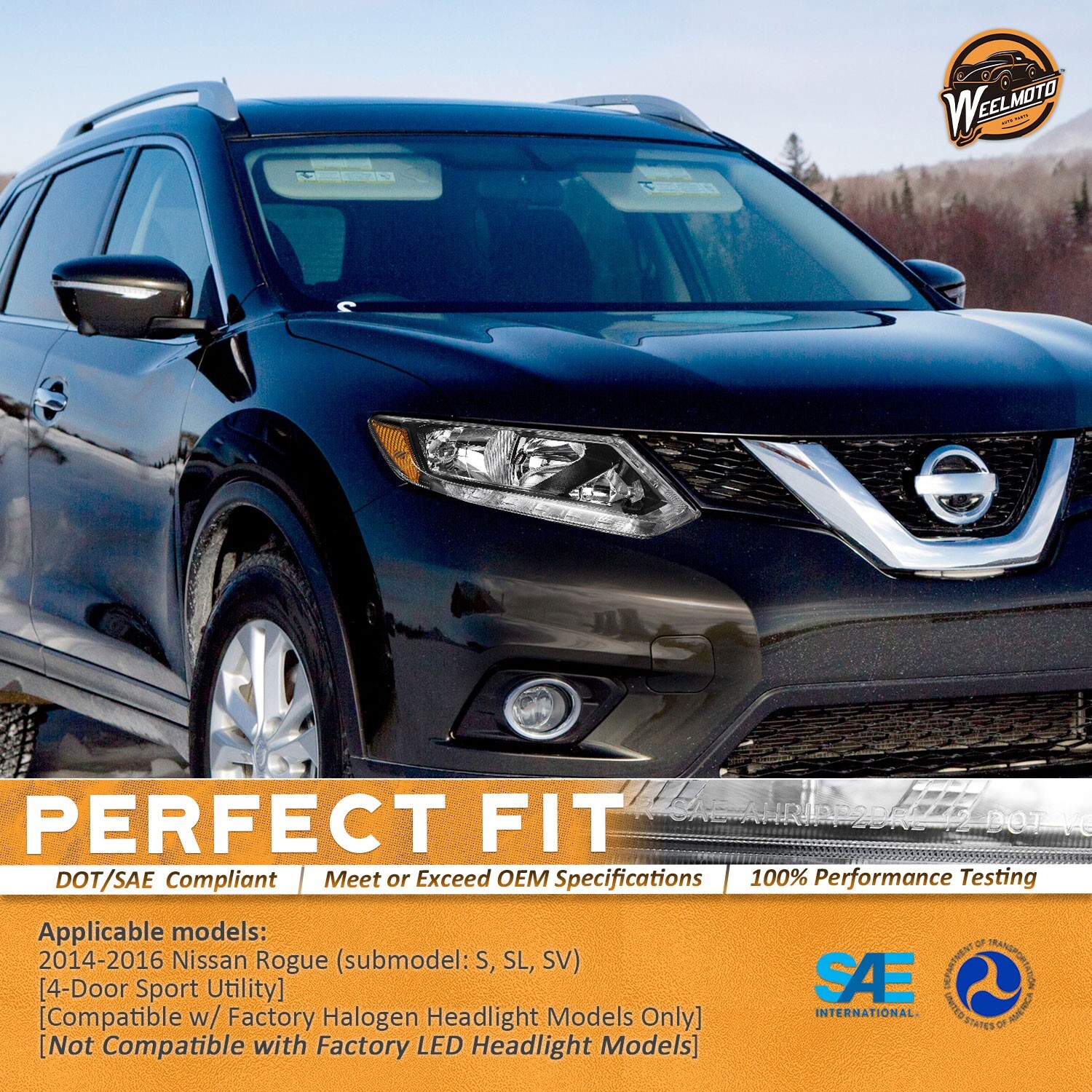 WEELMOTO Headlights For 2014-2016 Nissan Rogue Halogen LED DRL Lamps Left+Right