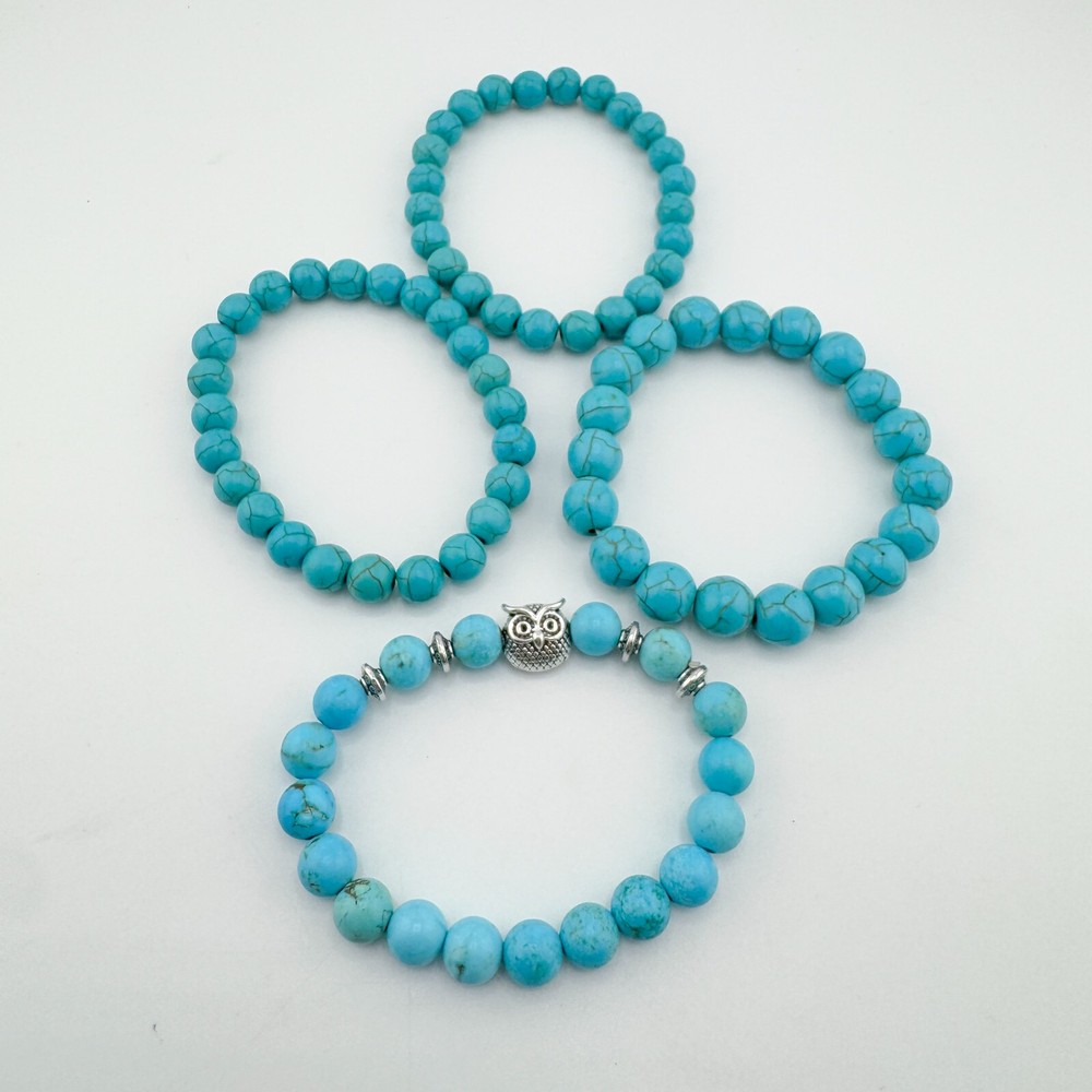 4 Turquoise Bead Bracelets Stretch Owl Stack Layer Southwestern Retro Boho