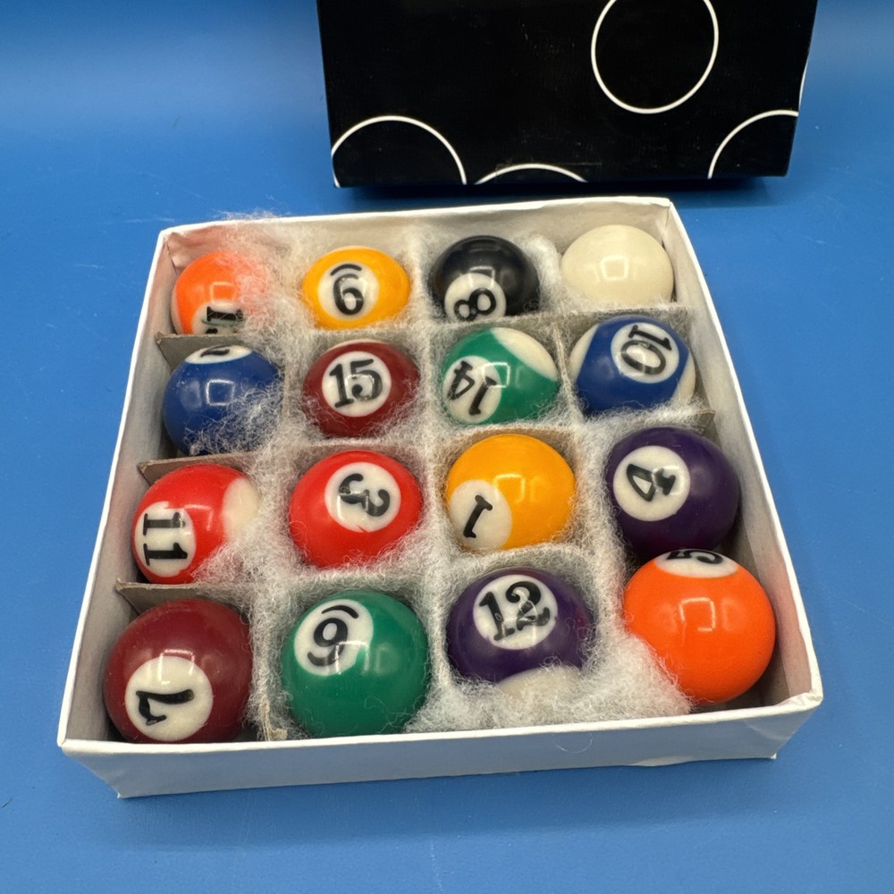 Vintage Small Pool Table Balls 1.5" Complete Set With Box