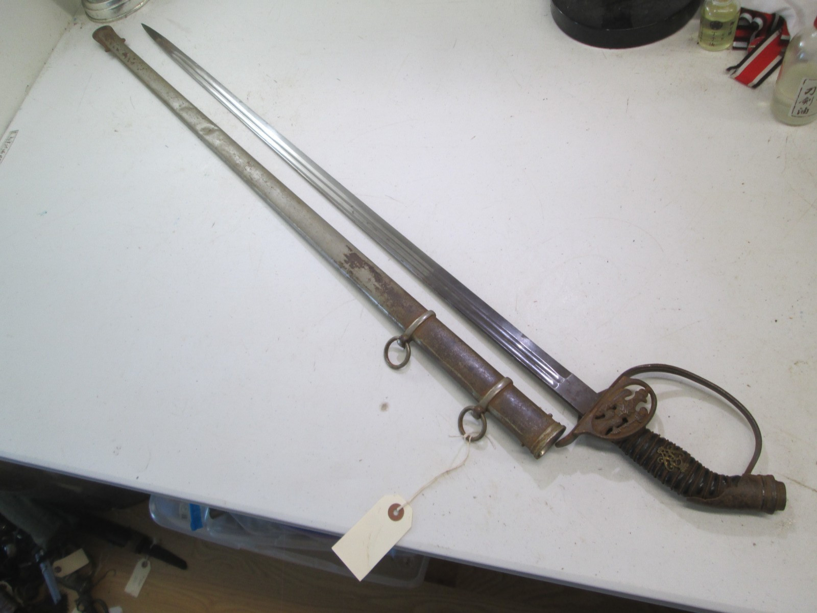 WWI GERMAN PRUSSIAN OFFICERS SWORD & SCABBARD FOLDING GUARD MAKER EICKHORN #Y54