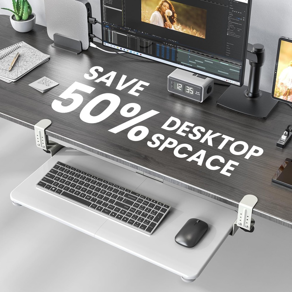 Keyboard Tray Under Desk, Pull Out Keyboard & Mouse Tray with Adjustable C-cl...