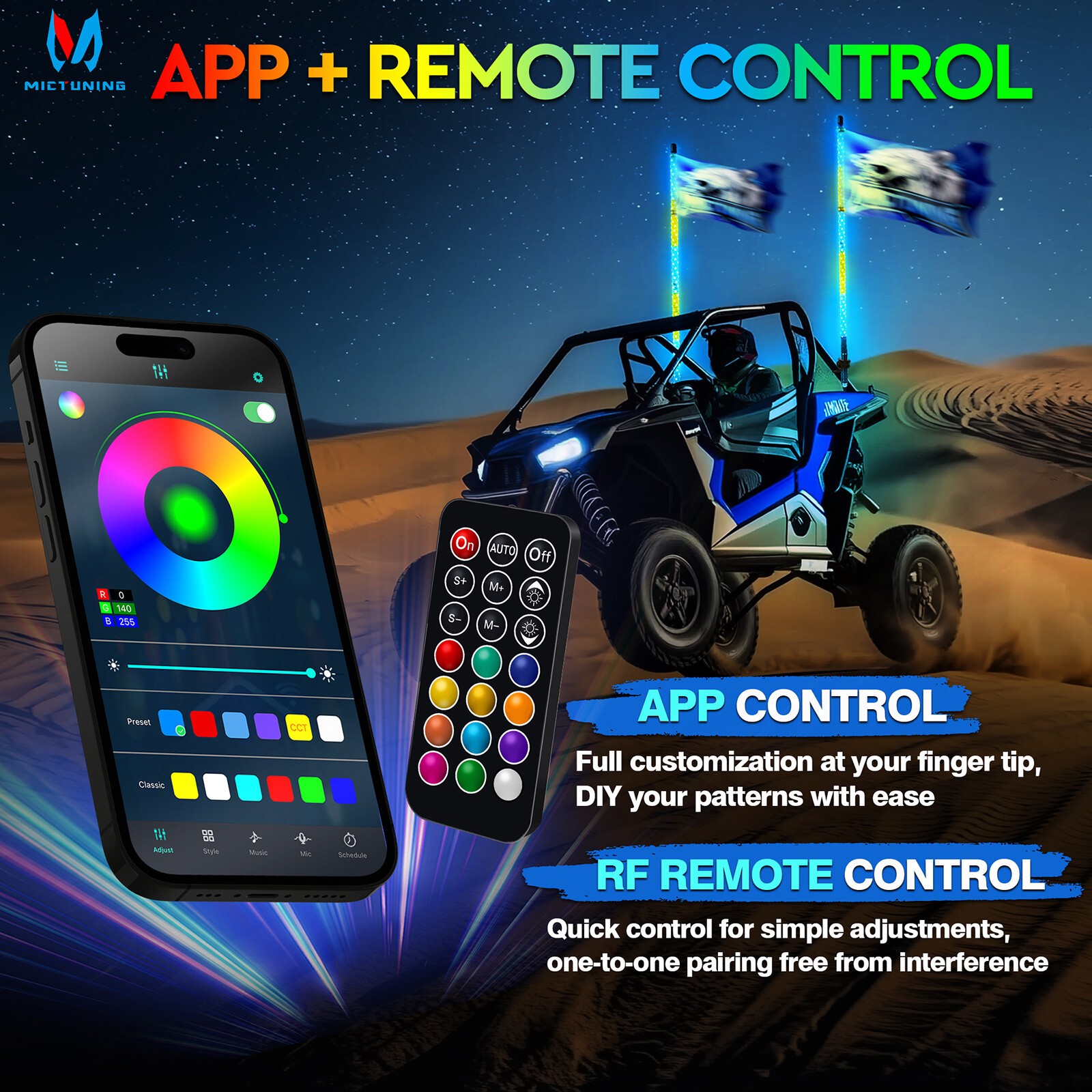 4ft RGB LED Spiral Whip Light Antenna with Flag & Remote for ATV UTV Polaris RZR