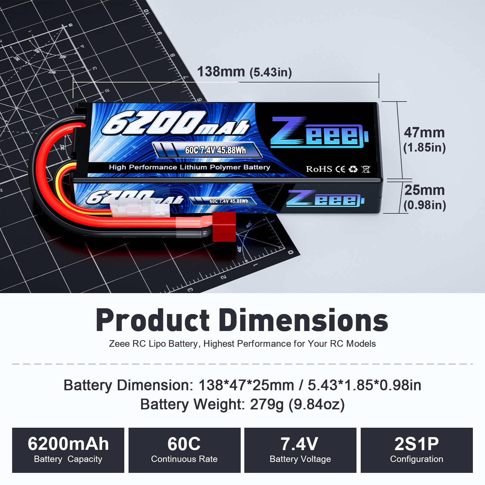 2x Zeee 2S LiPo Battery 6200mAh 60C 7.4V Deans T for RC Car Truck Truggy Hobby