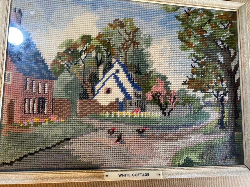 Vintage Needlepoint "White Cottage" - Framed