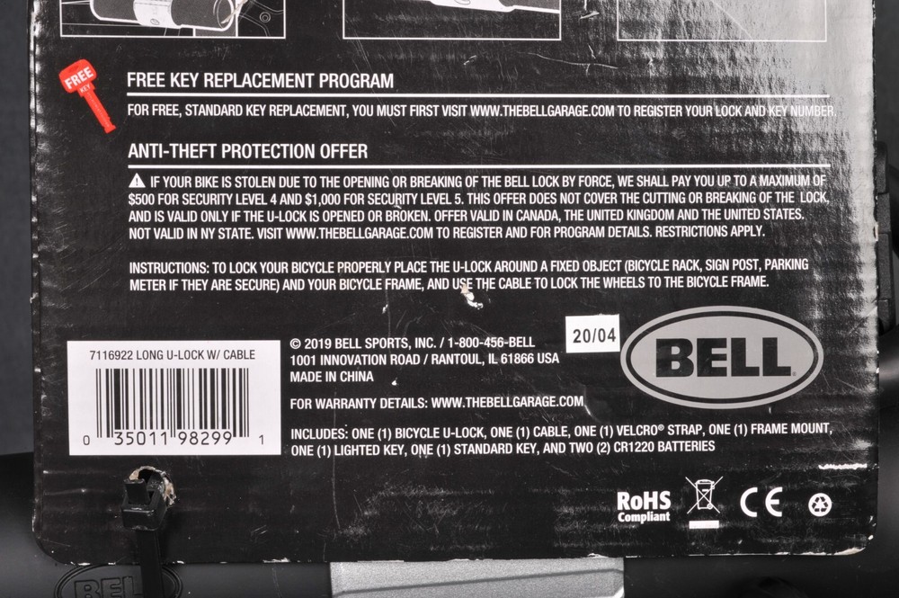 BELL Long U-Lock With Cable Level 5 High Security Lock Key Included D21