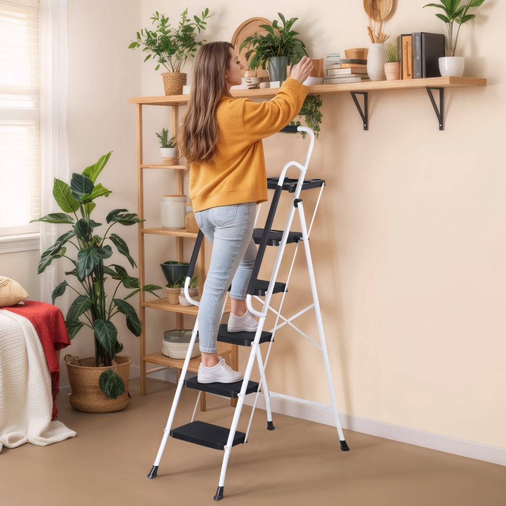 Folding 5 Step Ladder Sturdy Step Stool w/ Multi-Functional Tool Tray Household