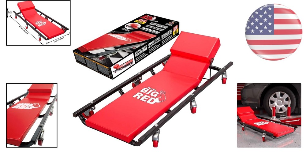 Durable 40" Red Rolling Shop Creeper with Cushioned Headrest & Smooth Mobility